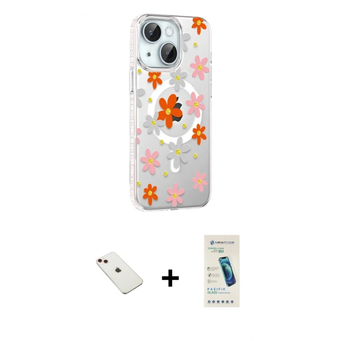 MARSİLYAN™- iPhone 14 Kılıf Yörünge Işık Prime - Şeffaf Pasifik Cam Ekran Koruyucu + Diamond Kamera Lens - KI