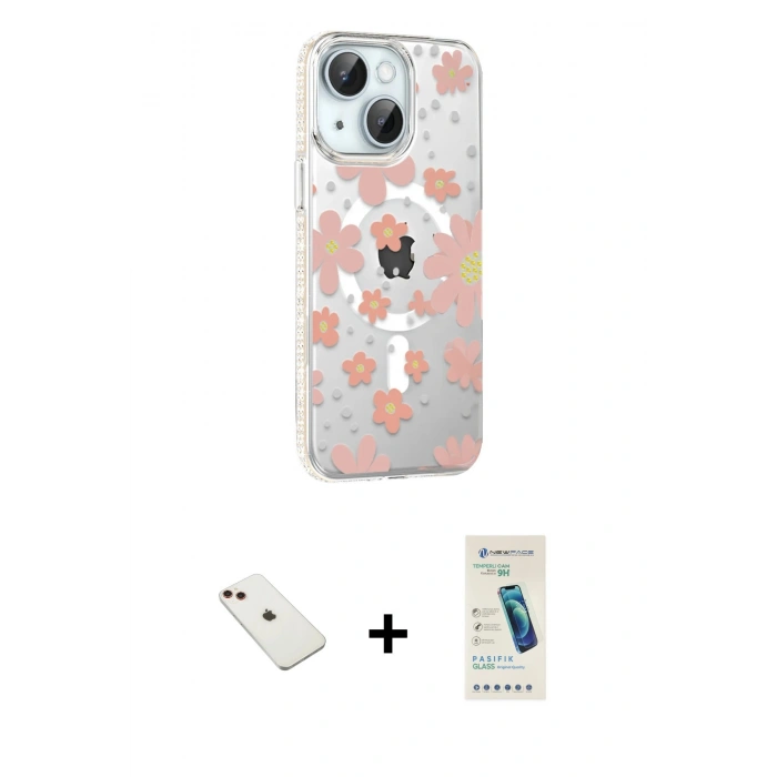 MARSİLYAN™- iPhone 14 Kılıf Yörünge Işık Prime - Şeffaf Pasifik Cam Ekran Koruyucu + Diamond Kamera Lens - KI