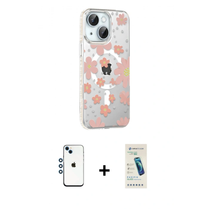 MARSİLYAN™- iPhone 14 Kılıf Yörünge Işık Prime - Şeffaf Pasifik Cam Ekran Koruyucu + Shine Kamera Lens - MI