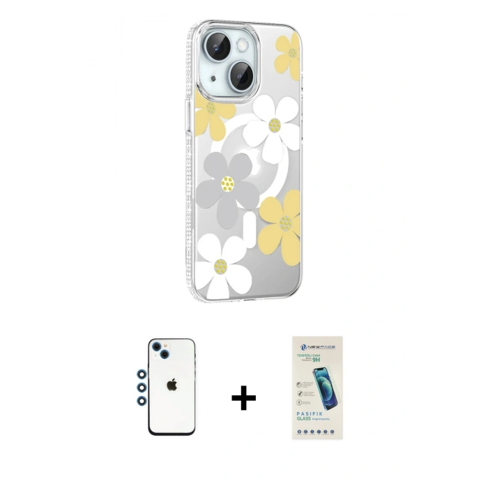 MARSİLYAN™- iPhone 14 Kılıf Yörünge Işık Prime - Şeffaf Pasifik Cam Ekran Koruyucu + Shine Kamera Lens - MI