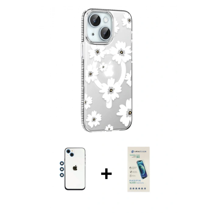 MARSİLYAN™- iPhone 14 Kılıf Yörünge Işık Prime - Şeffaf Pasifik Cam Ekran Koruyucu + Shine Kamera Lens - MI