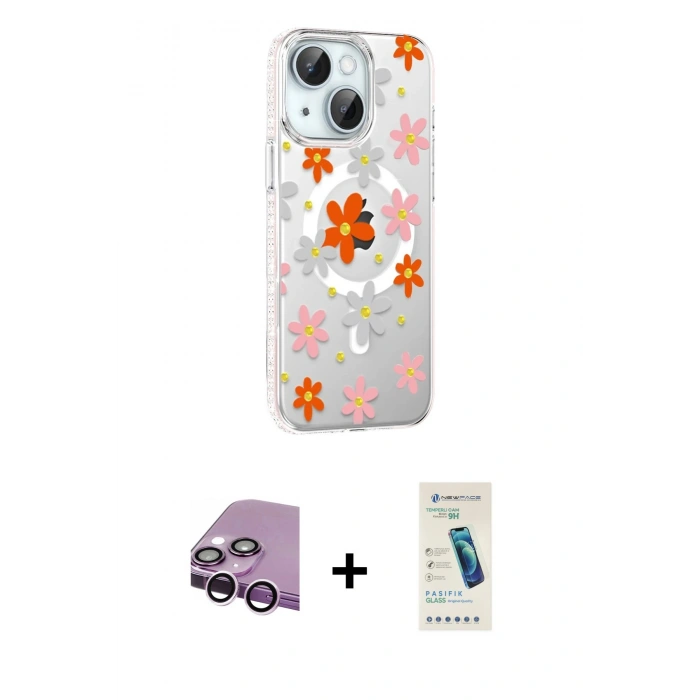 MARSİLYAN™- iPhone 14 Kılıf Yörünge Işık Prime - Şeffaf Pasifik Cam Ekran Koruyucu + Raze Metal Kamera Lens - MR