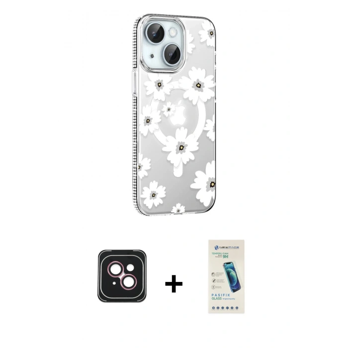 MARSİLYAN™- iPhone 14 Kılıf Yörünge Işık Prime - Şeffaf Pasifik Cam Ekran Koruyucu + PVD Metal Kamera Lens - PE