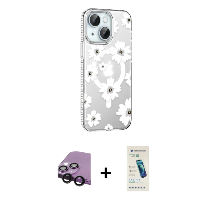 MARSİLYAN™- iPhone 14 Kılıf Yörünge Işık Prime - Şeffaf Pasifik Cam Ekran Koruyucu + Raze Metal Kamera Lens - SH
