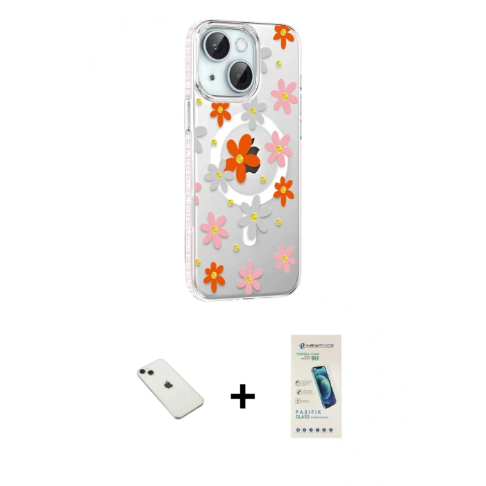 MARSİLYAN™- iPhone 14 Kılıf Yörünge Işık Prime - Şeffaf Pasifik Cam Ekran Koruyucu + Diamond Kamera Lens - YL