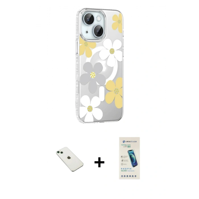 MARSİLYAN™- iPhone 14 Kılıf Yörünge Işık Prime - Şeffaf Pasifik Cam Ekran Koruyucu + Diamond Kamera Lens - YL
