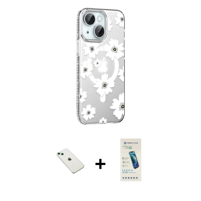 MARSİLYAN™- iPhone 14 Kılıf Yörünge Işık Prime - Şeffaf Pasifik Cam Ekran Koruyucu + Diamond Kamera Lens - YL