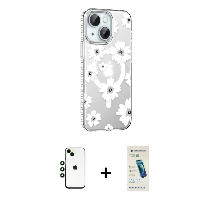 MARSİLYAN™- iPhone 14 Kılıf Yörünge Işık Prime - Şeffaf Pasifik Cam Ekran Koruyucu + Shine Kamera Lens - YL