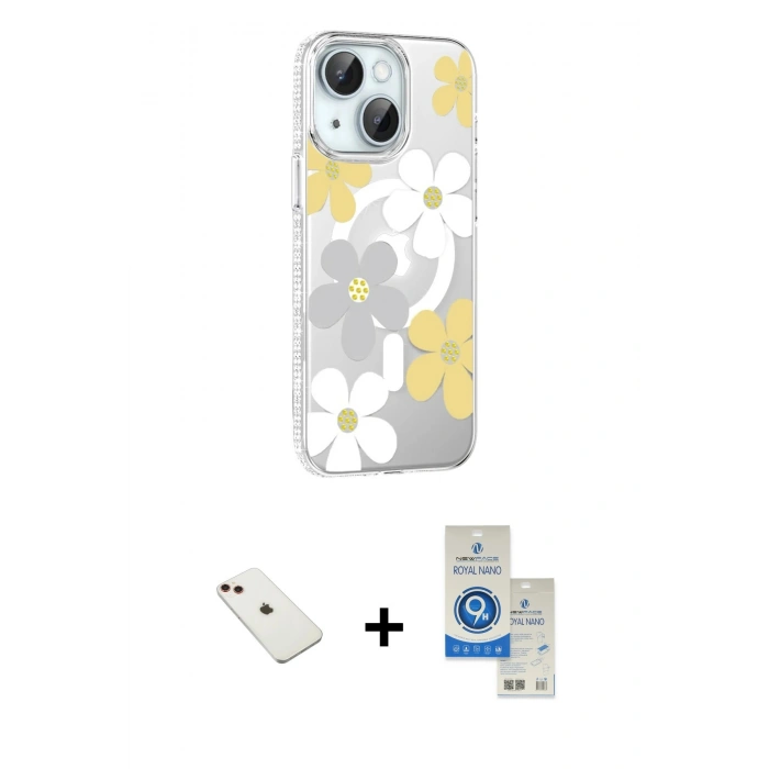 MARSİLYAN™- iPhone 14 Kılıf Yörünge Işık Prime - Şeffaf Royal Nano Ekran Koruyucu + Diamond Kamera Lens - KI