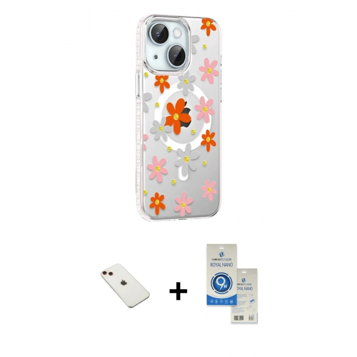 MARSİLYAN™- iPhone 14 Kılıf Yörünge Işık Prime - Şeffaf Royal Nano Ekran Koruyucu + Diamond Kamera Lens - KI