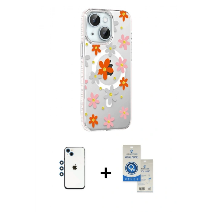MARSİLYAN™- iPhone 14 Kılıf Yörünge Işık Prime - Şeffaf Royal Nano Ekran Koruyucu + Shine Kamera Lens - MI