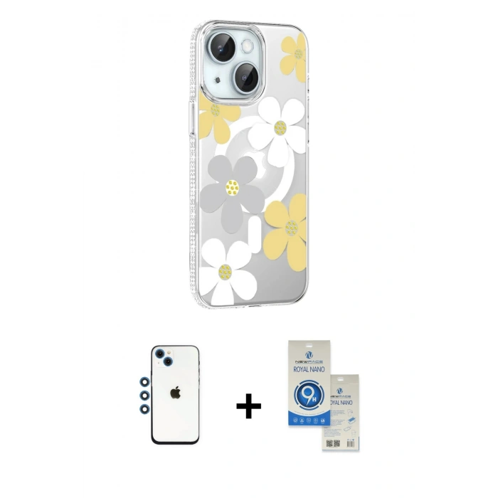 MARSİLYAN™- iPhone 14 Kılıf Yörünge Işık Prime - Şeffaf Royal Nano Ekran Koruyucu + Shine Kamera Lens - MI