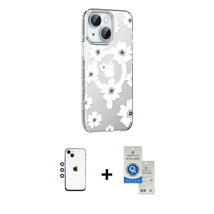 MARSİLYAN™- iPhone 14 Kılıf Yörünge Işık Prime - Şeffaf Royal Nano Ekran Koruyucu + Shine Kamera Lens - MI