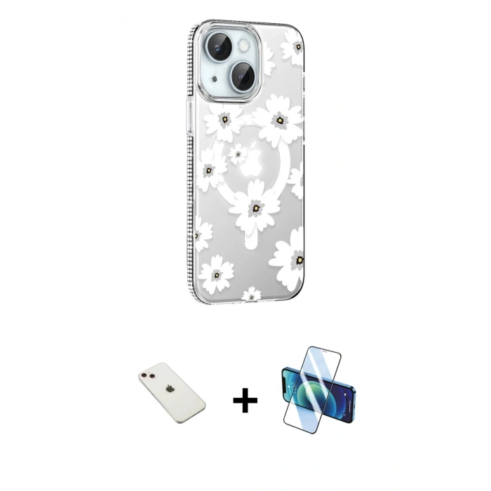 MARSİLYAN™- iPhone 14 Kılıf Yörünge Işık Prime - Siyah 3D Antistatik Cam Ekran Koruyucu + Diamond Kamera Lens - PE