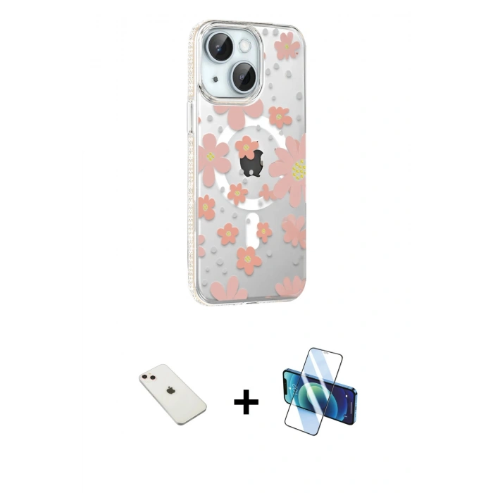MARSİLYAN™- iPhone 14 Kılıf Yörünge Işık Prime - Siyah 3D Antistatik Cam Ekran Koruyucu + Diamond Kamera Lens - PE