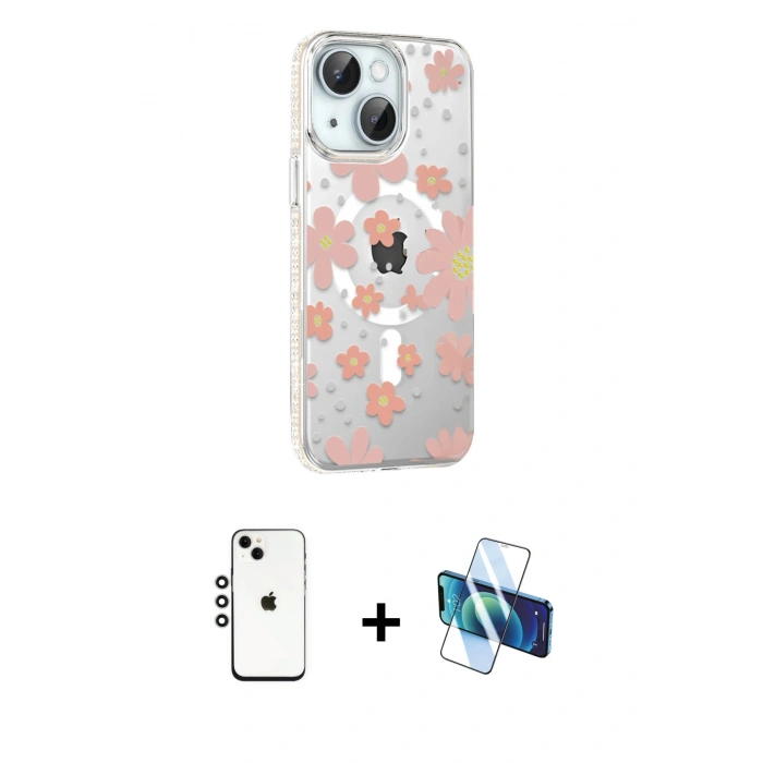 MARSİLYAN™- iPhone 14 Kılıf Yörünge Işık Prime - Siyah 3D Antistatik Cam Ekran Koruyucu + Shine Kamera Lens - GS