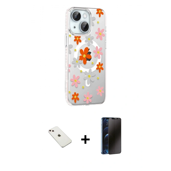 MARSİLYAN™- iPhone 14 Kılıf Yörünge Işık Prime - Siyah 3D Antistatik Hayalet Cam Ekran Koruyucu + Diamond Kamera Lens - PE
