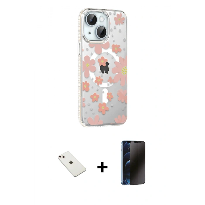 MARSİLYAN™- iPhone 14 Kılıf Yörünge Işık Prime - Siyah 3D Antistatik Hayalet Cam Ekran Koruyucu + Diamond Kamera Lens - PE