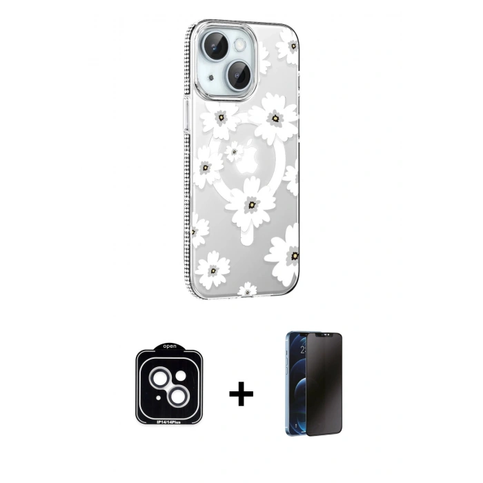 MARSİLYAN™- iPhone 14 Kılıf Yörünge Işık Prime - Siyah 3D Antistatik Hayalet Cam Ekran Koruyucu + PVD Metal Kamera Lens - GS