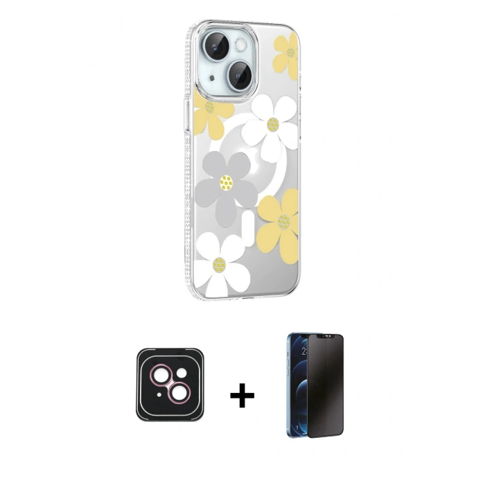 MARSİLYAN™- iPhone 14 Kılıf Yörünge Işık Prime - Siyah 3D Antistatik Hayalet Cam Ekran Koruyucu + PVD Metal Kamera Lens - PE