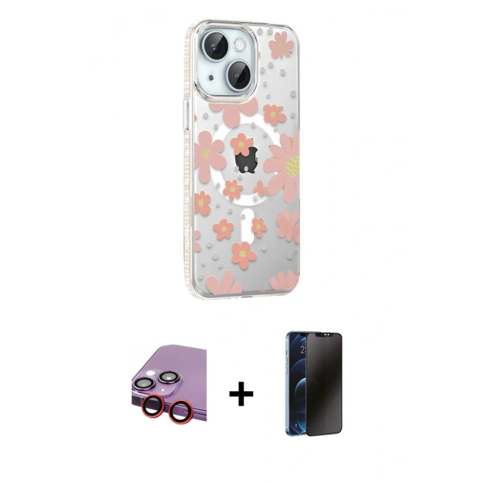 MARSİLYAN™- iPhone 14 Kılıf Yörünge Işık Prime - Siyah 3D Antistatik Hayalet Cam Ekran Koruyucu + Raze Metal Kamera Lens - KI