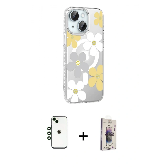 MARSİLYAN™- iPhone 14 Kılıf Yörünge Işık Prime - Siyah Bilvis 3D Cam Ekran Koruyucu + Shine Kamera Lens - YL