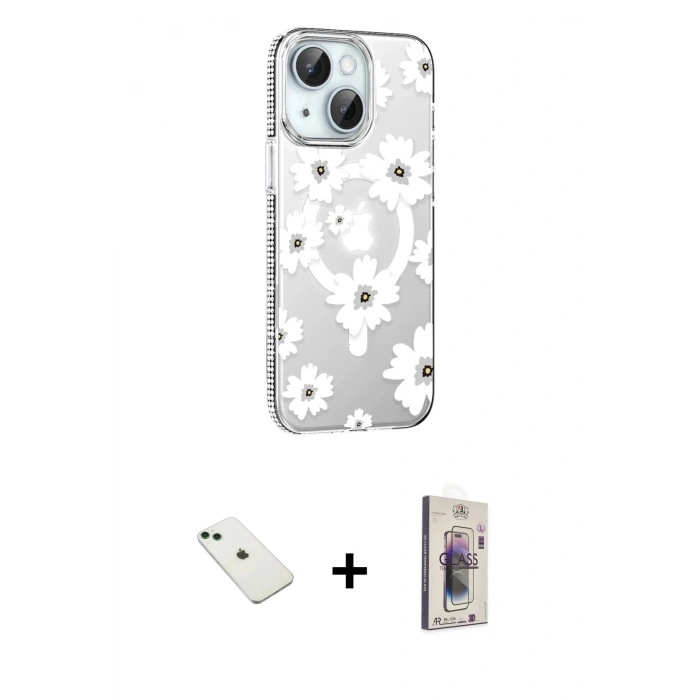 MARSİLYAN™- iPhone 14 Kılıf Yörünge Işık Prime - Siyah Bilvis 3D Cam Ekran Koruyucu + Diamond Kamera Lens - YL