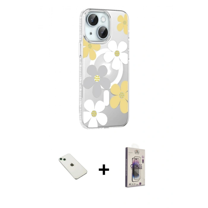 MARSİLYAN™- iPhone 14 Kılıf Yörünge Işık Prime - Siyah Bilvis 3D Cam Ekran Koruyucu + Diamond Kamera Lens - YL
