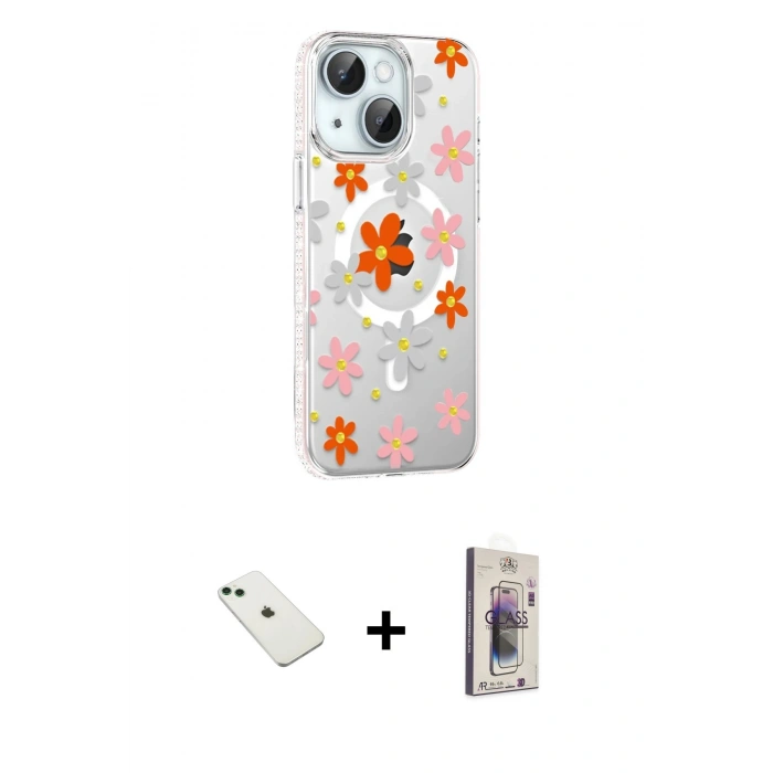 MARSİLYAN™- iPhone 14 Kılıf Yörünge Işık Prime - Siyah Bilvis 3D Cam Ekran Koruyucu + Diamond Kamera Lens - YL
