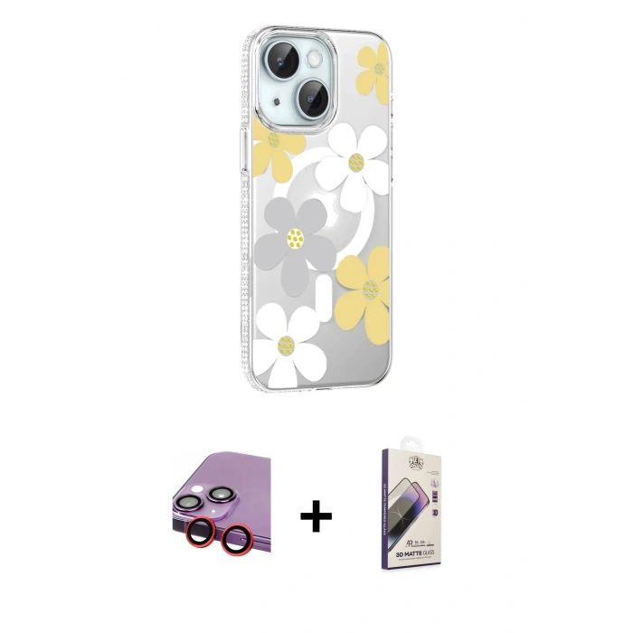 MARSİLYAN™- iPhone 14 Kılıf Yörünge Işık Prime - Siyah Bilvis 3D Mat Cam Ekran Koruyucu + Raze Metal Kamera Lens - KI
