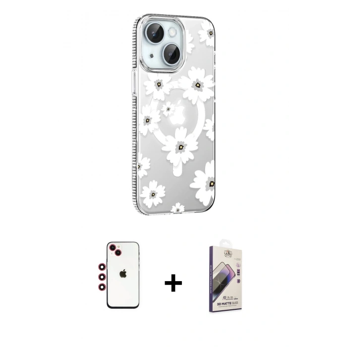 MARSİLYAN™- iPhone 14 Kılıf Yörünge Işık Prime - Siyah Bilvis 3D Mat Cam Ekran Koruyucu + Shine Kamera Lens - KI