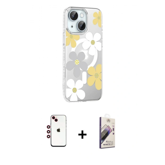 MARSİLYAN™- iPhone 14 Kılıf Yörünge Işık Prime - Siyah Bilvis 3D Mat Cam Ekran Koruyucu + Shine Kamera Lens - KI