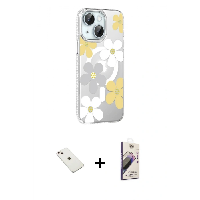 MARSİLYAN™- iPhone 14 Kılıf Yörünge Işık Prime - Siyah Bilvis 3D Mat Cam Ekran Koruyucu + Diamond Kamera Lens - PE