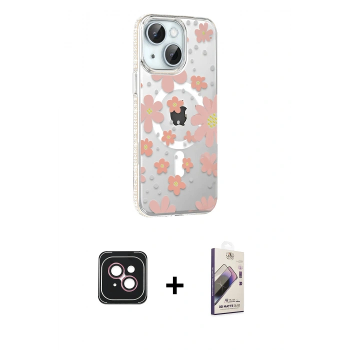 MARSİLYAN™- iPhone 14 Kılıf Yörünge Işık Prime - Siyah Bilvis 3D Mat Cam Ekran Koruyucu + PVD Metal Kamera Lens - PE