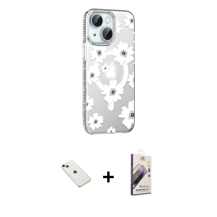 MARSİLYAN™- iPhone 14 Kılıf Yörünge Işık Prime - Siyah Bilvis 3D Mat Cam Ekran Koruyucu + Diamond Kamera Lens - YL