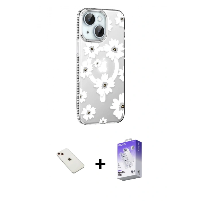 MARSİLYAN™- iPhone 14 Kılıf Yörünge Işık Prime - Siyah Bilvis 5in1 3D Magic Cam Ekran Koruyucu + Diamond Kamera Lens - KI