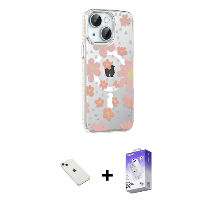 MARSİLYAN™- iPhone 14 Kılıf Yörünge Işık Prime - Siyah Bilvis 5in1 3D Magic Cam Ekran Koruyucu + Diamond Kamera Lens - KI