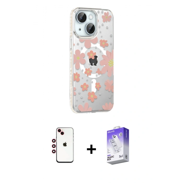 MARSİLYAN™- iPhone 14 Kılıf Yörünge Işık Prime - Siyah Bilvis 5in1 3D Magic Cam Ekran Koruyucu + Shine Kamera Lens - KI