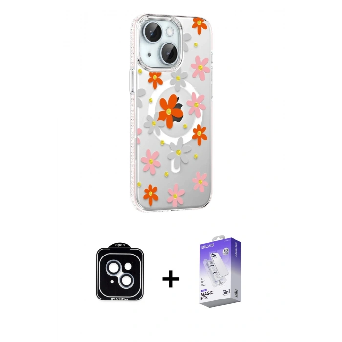 MARSİLYAN™- iPhone 14 Kılıf Yörünge Işık Prime - Siyah Bilvis 5in1 3D Magic Cam Ekran Koruyucu + PVD Metal Kamera Lens - MI
