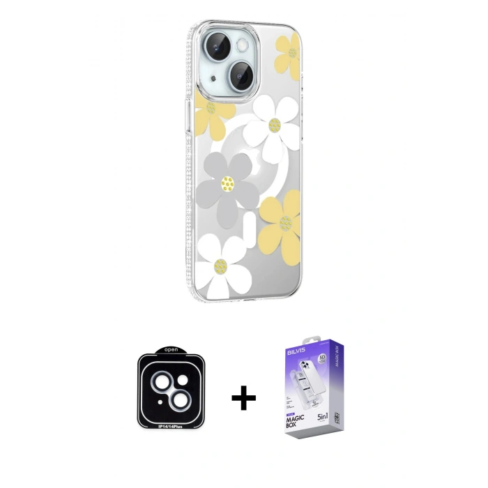MARSİLYAN™- iPhone 14 Kılıf Yörünge Işık Prime - Siyah Bilvis 5in1 3D Magic Cam Ekran Koruyucu + PVD Metal Kamera Lens - MI