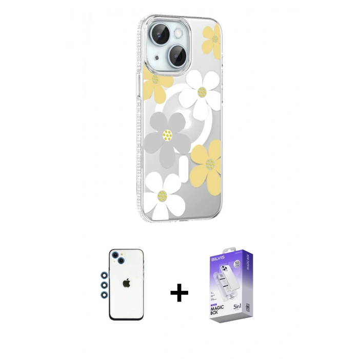 MARSİLYAN™- iPhone 14 Kılıf Yörünge Işık Prime - Siyah Bilvis 5in1 3D Magic Cam Ekran Koruyucu + Shine Kamera Lens - MI