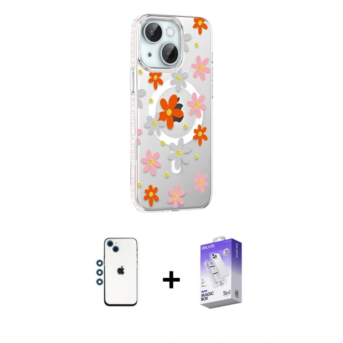 MARSİLYAN™- iPhone 14 Kılıf Yörünge Işık Prime - Siyah Bilvis 5in1 3D Magic Cam Ekran Koruyucu + Shine Kamera Lens - MI