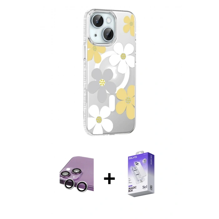 MARSİLYAN™- iPhone 14 Kılıf Yörünge Işık Prime - Siyah Bilvis 5in1 3D Magic Cam Ekran Koruyucu + Raze Metal Kamera Lens - GS