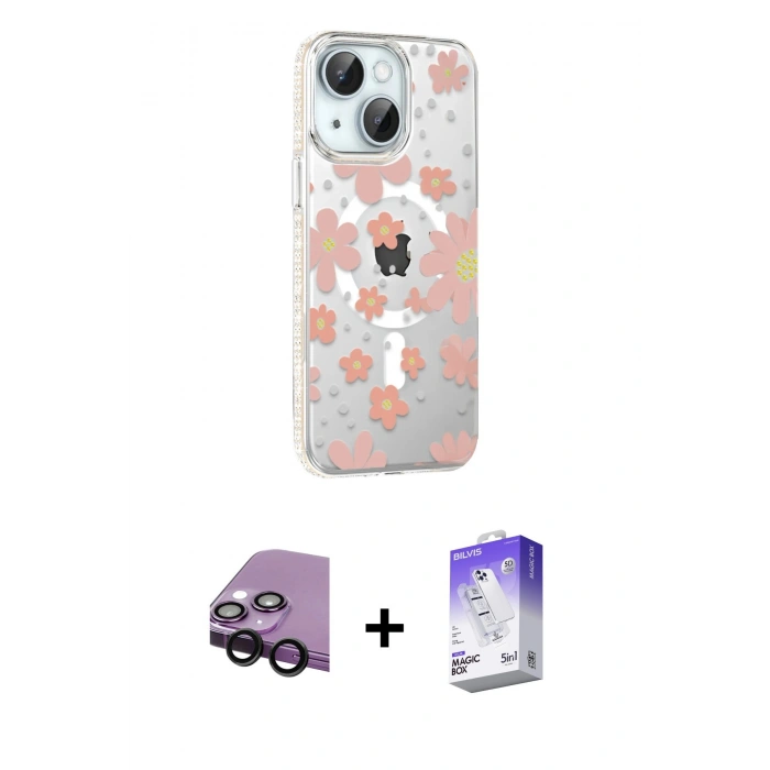 MARSİLYAN™- iPhone 14 Kılıf Yörünge Işık Prime - Siyah Bilvis 5in1 3D Magic Cam Ekran Koruyucu + Raze Metal Kamera Lens - SH