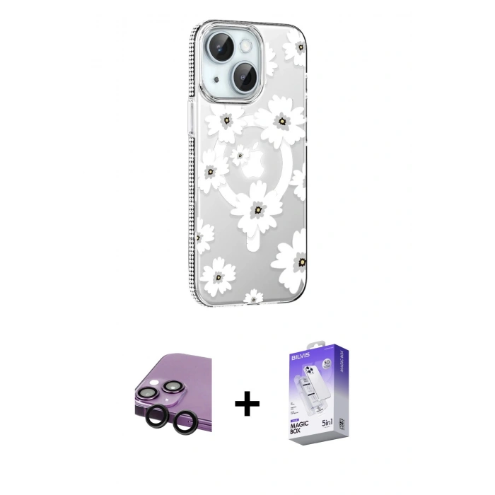 MARSİLYAN™- iPhone 14 Kılıf Yörünge Işık Prime - Siyah Bilvis 5in1 3D Magic Cam Ekran Koruyucu + Raze Metal Kamera Lens - SH