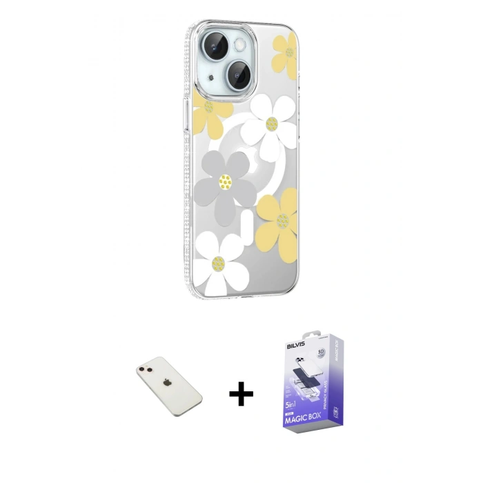 MARSİLYAN™- iPhone 14 Kılıf Yörünge Işık Prime - Siyah Bilvis 5in1 5D Magic Hayalet Cam Ekran Koruyucu + Diamond Kamera Lens - PE