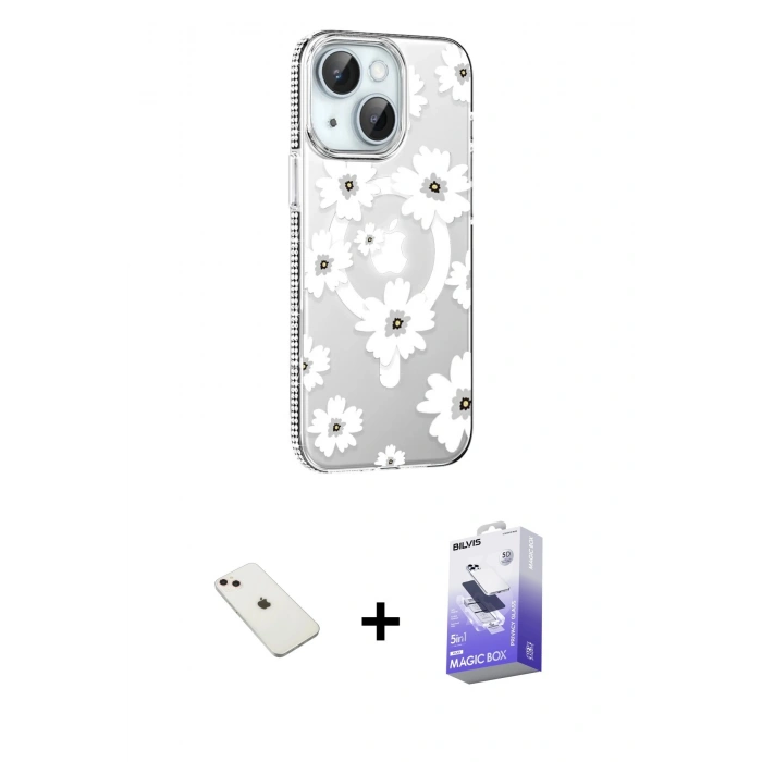 MARSİLYAN™- iPhone 14 Kılıf Yörünge Işık Prime - Siyah Bilvis 5in1 5D Magic Hayalet Cam Ekran Koruyucu + Diamond Kamera Lens - PE