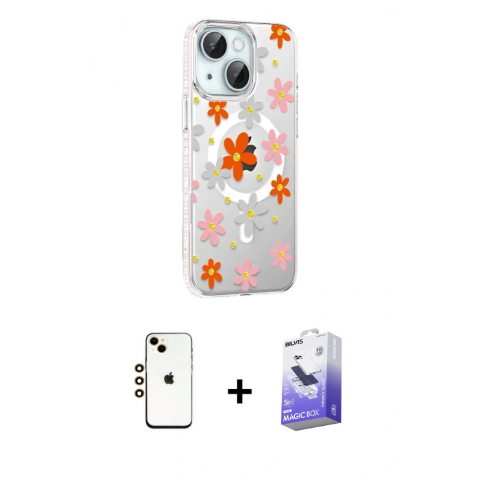 MARSİLYAN™- iPhone 14 Kılıf Yörünge Işık Prime - Siyah Bilvis 5in1 5D Magic Hayalet Cam Ekran Koruyucu + Shine Kamera Lens - GD