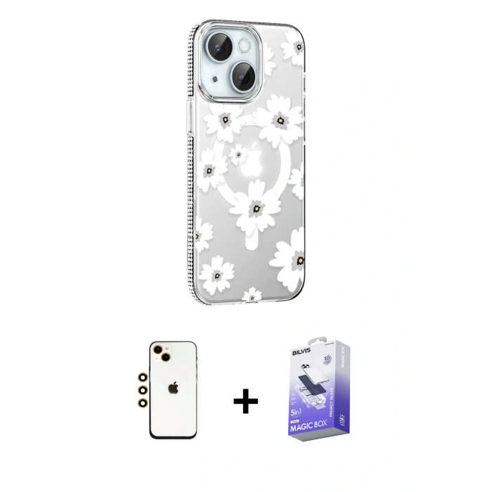 MARSİLYAN™- iPhone 14 Kılıf Yörünge Işık Prime - Siyah Bilvis 5in1 5D Magic Hayalet Cam Ekran Koruyucu + Shine Kamera Lens - GD