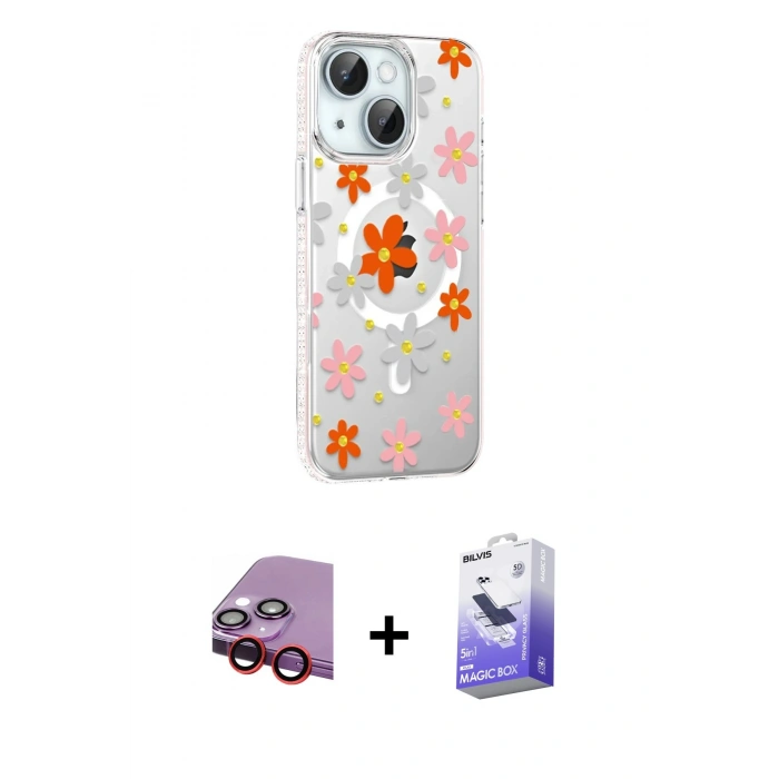 MARSİLYAN™- iPhone 14 Kılıf Yörünge Işık Prime - Siyah Bilvis 5in1 5D Magic Hayalet Cam Ekran Koruyucu + Raze Metal Kamera Lens - KI